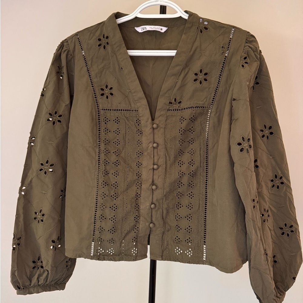 Zara Khaki Blouse with Eyelet Design